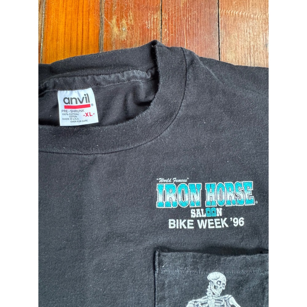 Vintage 90s Iron Horse Saloon Bike Week 1996 Skeleton Pocket T-Shirt XL Black - Picture 2 of 4